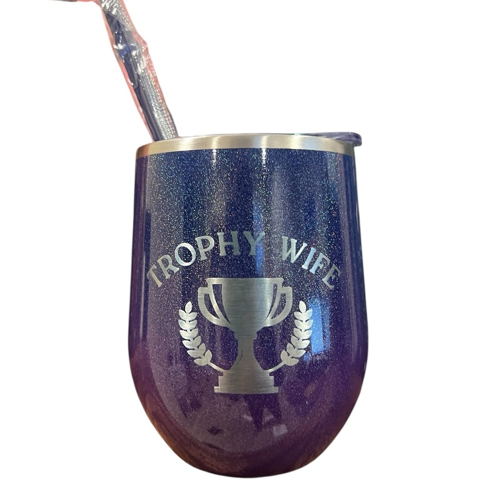 Engraved Elegant Purple Glitter Tumbler with Trophy Design